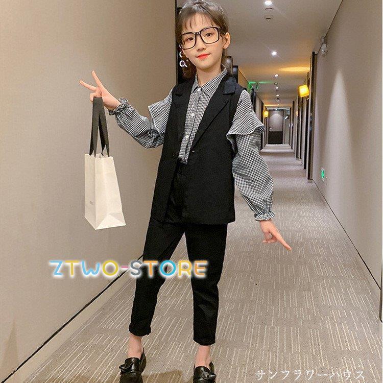 卒業式 入学式 パンツスーツ 女の子 スーツ 3点セット フォーマル セットアップ キッズ シャツ ベスト パンツ チェック柄 学園祭 結婚式 発表会 七五三 小学生 卒園式 韓国ファッション フォー
