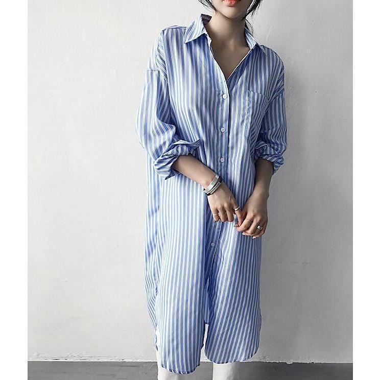 シャツワンピース ロングシャツ ワンピース ミディアム丈 長袖 シャツ レディース スリット入り チュニック ストライプ シャツワンピ 2色 春夏 新作916素 材ポリエステルサイズS M L XLカ